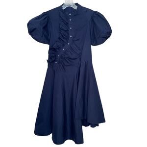 Nancy Cavally Paris Navy Puff Sleeve Ruffle Button high low Dress medium